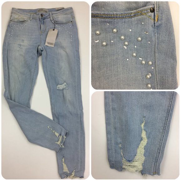 NWT ZARA Light Wash Beaded Pearl Distressed Raw Hem 5 Pocket Skinny Jeans - Picture 1 of 15